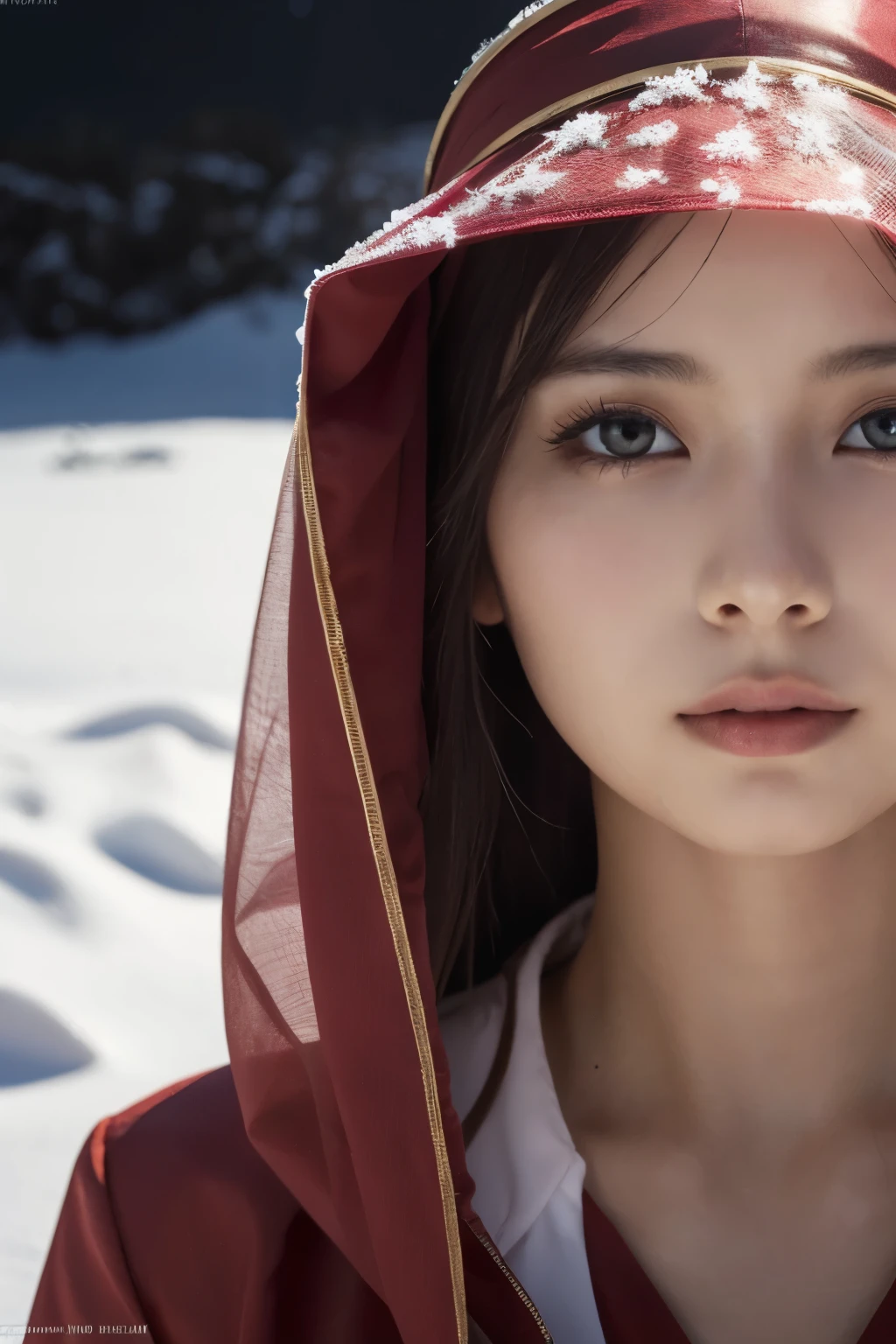  1 girl, (Wearing a red Arabian Nights style costume :1.2), (Veil),  portrait of a very beautiful Japanese idol, 
( RAW photo,  best quality), (Realistic, Realistic:1.4), (masterpiece), 
 Very Delicate and Beautiful,  very detailed, 2k wallpaper,  amazing, finely,  very detailed CG Unity 8K wallpaper,  very detailed,  Hi-Res, Soft light, 
 A girl with beautiful details ,  very detailed目と顔, Beautiful and sophisticated nose,  beautiful beautiful eyes,  Movie Lighting, 
(***のwhole bodyのシルエット:1.3), ((A thin layer of snow piled up)Standing in the desert at night :1.3), (Big Moon), (Dunes and snowfields ), (whole body), (Transmits light), (Dark screen:1.5), 
COMPLETE ANATOMY , Slender body,  small breasts