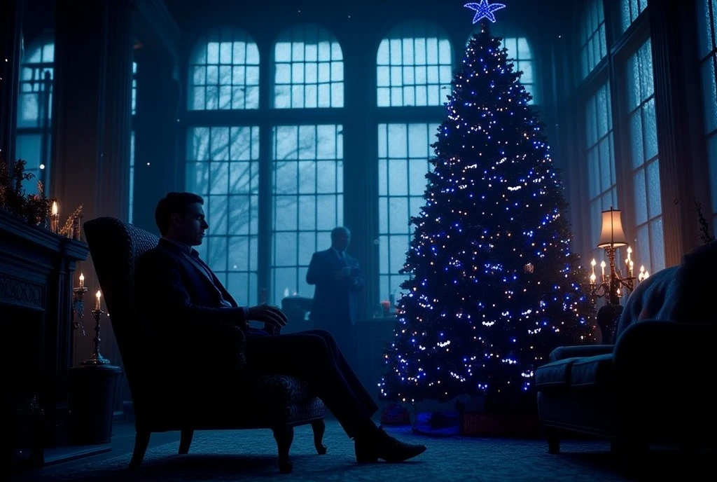 ((masterpiece)) ((photography)) ((Highest quality)) Christmas scene in Bruce Wayne's luxurious yet somber living room, decorated with a Batman-themed Christmas tree. The tree is adorned with bat-shaped ornaments, dark blue and black lights, and a Bat-Signal star at the top. Bruce Wayne sits alone in a large, ornate armchair, casting a melancholic silhouette in the dimly lit room, reflecting on the absence of his parents and family. The grand room has gothic architecture with dark tones, and light snowfall is visible through large windows, adding to the somber and reflective mood. The ambiance is one of quiet loneliness, capturing Bruce’s solitude and introspection.