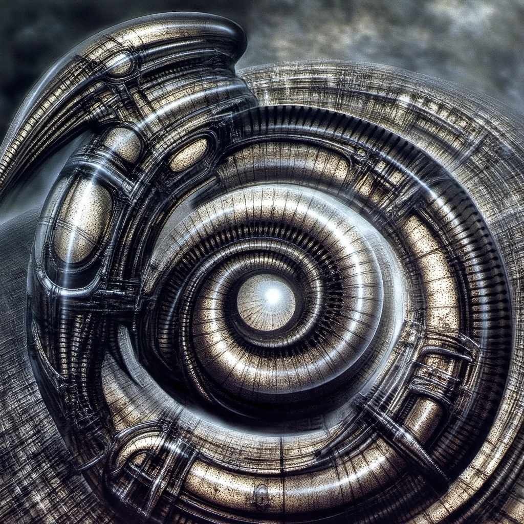 HRGGR, The image is a detailed view of H.R. Giger's biomechanical tableau \" LANDSCAPE No 312 \" plate, featuring ( Giger's is a fantasy-style illustration of a complex, intricate mechanical structure, resembling a futuristic city or fortress, with a central spiral design and multiple levels and towers, reminiscing Boeklin painting ), (best quality:1.4).The piece is a tableau, most likely created with a India ink pen or pencil on paper, determined by the thin lines, shading techniques, and the texture of the paper, which is visible around the edges. Used is pen, given the shading and variations in line weight visible in the image. Artist have used a variety of stylus with different degrees of hardness to achieve the shading effects. The use of undersaturated green-grays dark contrasts creates a stark and graphic look. Is used a variety of linework techniques to create different textures. Fine, parallel lines create a smooth, metallic texture,while thicker, more cursive lines suggest cables or wires. Light source from the top highlights skeletals, pper part of foreground, lower part of image is in shadowupper part of foreground, lower part of image is in shadow. The art performance showcases the artist’s skills in observation and rendering. The level of detail in the piece suggests a close study of real bone specimens and mechanics. The artist has skillfully used shading techniques to create a convincing illusion of three-dimensionality on a flat surface. The wrinkles and cracks in the surface, and the cast shadows with accuracy, used shading techniques to create a realistic depiction of light and shadow on the objects. This creates a sense of depth and dimension in the image. The artist has used careful linework to depict the contours and textures in the piece Sharp focus on foreground elements illustration. Deep and delicate DOF. Big painting. Stored in Louvre masterpiece, ooze soaked pajama top