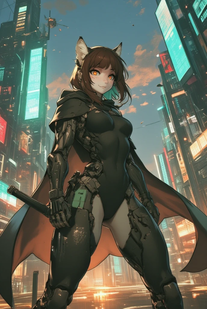 best quality, amazing quality, very aesthetic, absurdres, iskra, 1girl, ass, breasts, looking back, orange eyes, medium breasts, brown hair, long hair, lips, blush, hood, bodysuit, belt, cape, revealing clothes, looking at viewer, standing, outdoors, city, science fiction, cyberpunk, sheath, sword, solo, building, from behind, cowboy shot, hood up, mechanical arms, black bodysuit, closed mouth, cloak, hooded cape, skin tight, hooded cloak, sky, red cape, sheathed, weapon, night, neon glow, electrostatic Discharge, digital distortion waves, floating data fragments, electric sparks, cyber-gothic nightscape with floating screens, neon side lighting blue green accents, synthwave color palette,