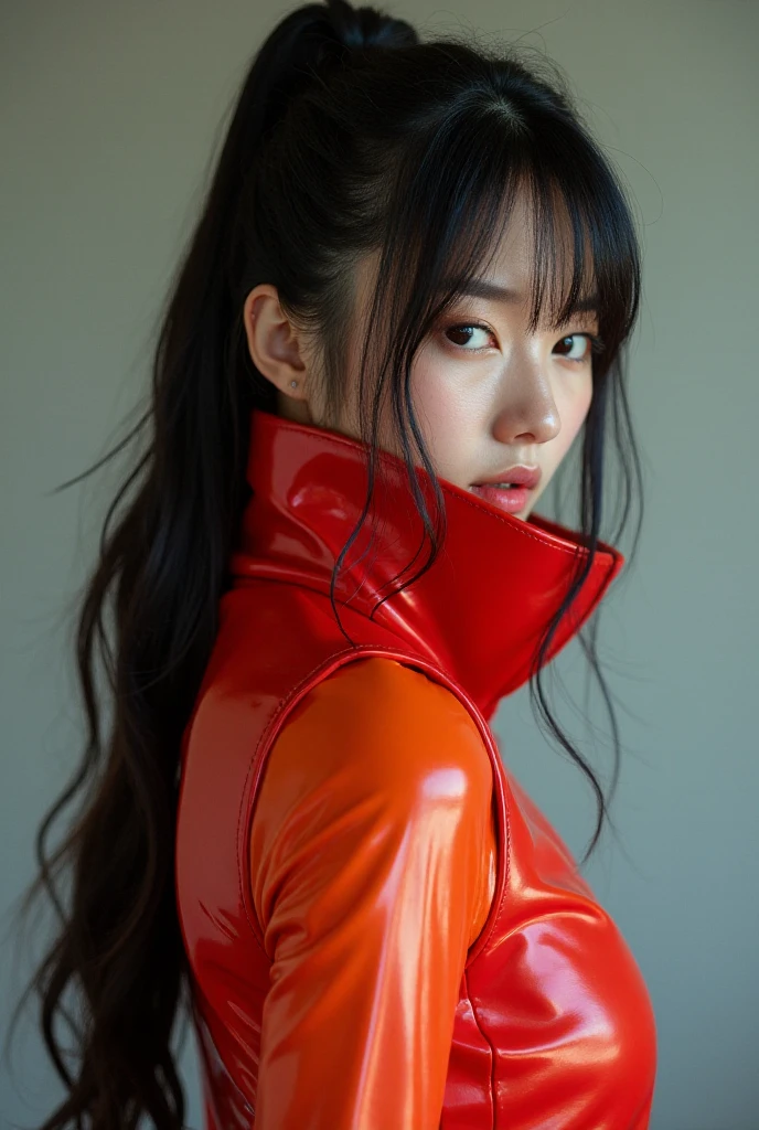 A beautiful Japanese actress,wearing a EVA 03-style Red and orange latex coat,Role playing Asuka Langley Soryu,full-body cosplay,Delicate Face, Stunningly Beautiful, Combat Pose,High Detail Skin, Realistic Skin Detail, Visible Pore,The photograph is taken with a Nikon D850 and a Nikon AF-S NIKKOR 70-200mm f/2.8E FL ED VR lens, using settings of f/8.0 aperture, 1/200 sec shutter speed, and ISO 400, DSLR Camera, High Quality, Fair Skin, Photorealism