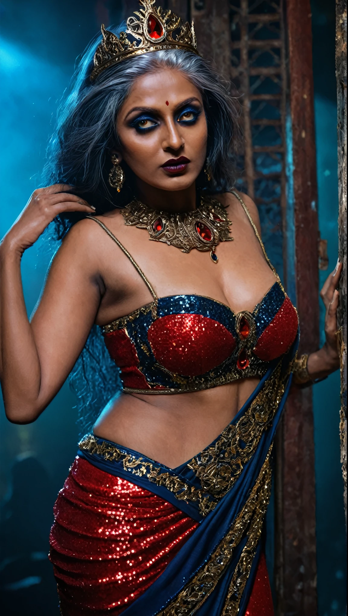 Looks like Aindrita Ray, full body Closeup shot, Big chubby aunty, milf, cougar lady witch, busty huge breast, slightly grey hair, horny Gothic milf, 70 years old gorgeous mature lady, pervert demoness, demoness of lust, curvy, black lips, horny face, extremely gorgeous, thick figure, heavy physique, voluptuous, curvy, sexy figure, Fashionable portrait of androgynous alien looking witch, glowing eyes, futuristic design, minimal details, givenchy, photoreal, 200mm, hd, f/ 2.0, highly detailed, surreal, sexy beautiful evil woman, sexy bold sequin Saree with strapless Bra, chudail, Pishachini, horror genre, blood-thirsty enchantress, powerful female spirit, eerie, drop dead, in the style of red and blue, (intricate details, hyperdetailed:1.15) (skin texture:1.2), dark Moody tone, cinematic lighting, haunted place in background, photorealistic,photo,realism, Getty Images, RAW candid cinema, 16mm, colour graded portra 400 film, remarkable colour, ultra realistic, textured skin, remarkable detailed pupils, realistic dull skin noise, visible skin detail, skin fuzz, dry skin, visible skin details and pores
