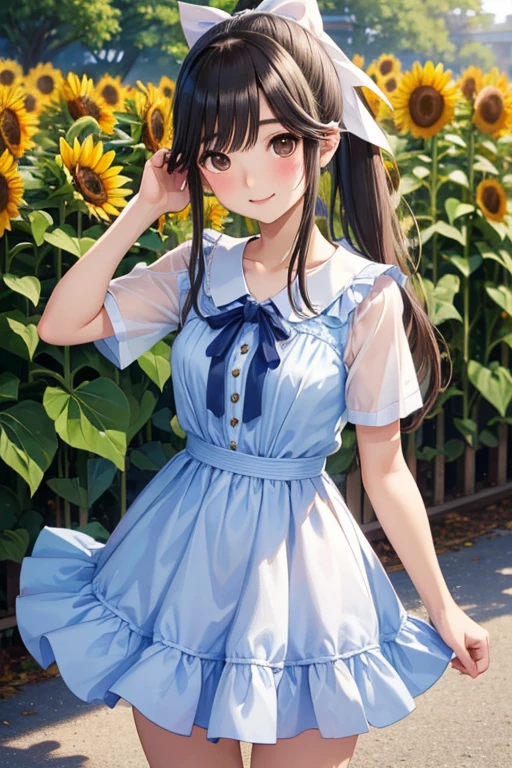 Takane Manaka、 Shiny brown long hair、 white ribbon ponytail , beautiful brown eyed middle school students 、smile、Sparkling Eyes, (fine grain)、 very detailed eyes、 extremely detailed face,  very detailed eyes, masterpiece,  best quality,  Hi-Res, ( best quality,masterpiece:1.2),Alone,Alone、 cowboy shots、



 best quality、masterpiece、8ｋ、 sharp concentration,  beautiful woman with perfect figure, one girl 、 walking in a park where sunflowers bloom 、Girl in mini summer clothes （Dress color is random）、 cute girl、 Tight Body 、  Medium Chest、 軽いsmile,