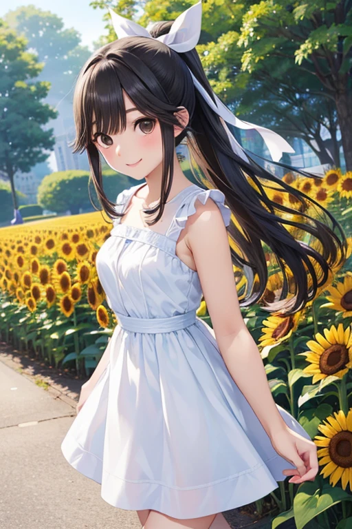 Takane Manaka、 Shiny brown long hair、 white ribbon ponytail , beautiful brown eyed middle school students 、smile、Sparkling Eyes, (fine grain)、 very detailed eyes、 extremely detailed face,  very detailed eyes, masterpiece,  best quality,  Hi-Res, ( best quality,masterpiece:1.2),Alone,Alone、 cowboy shots、



 best quality、masterpiece、8ｋ、 sharp concentration,  beautiful woman with perfect figure, one girl 、 walking in a park where sunflowers bloom 、Girl in mini summer clothes （Dress color is random）、 cute girl、 Tight Body 、  Medium Chest、 軽いsmile,