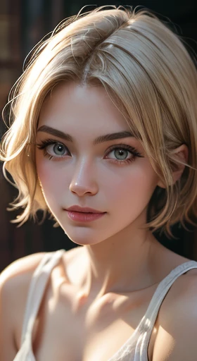 Best-quality, Masterpiece, Ultra-High-Resolution, (Photorealistic:1.4), Raw-Photo, Extremely-Details, Perfect-Anatomy, 1girl, most popular actress, portrait, grinning, extremely beautiful sexy face, amazingly sexual arousing face, extremely beautiful big black solid circle eyes, extremely beautiful blonde short cut haired, extremely beautiful realistic skins, extremely beautiful lips, extremely beautiful long eyelashes, detailed sexy face, detailed sexual arousing face, detailed eyes, detailed blonde hair, detailed realistic skins, detailed lips, detailed long eyelashes. ((Topless, naked, nude. Bare shoulders, bare neck, bare chest. Medium breasts, small nipples, bare navel)). Waist up medium full shot.