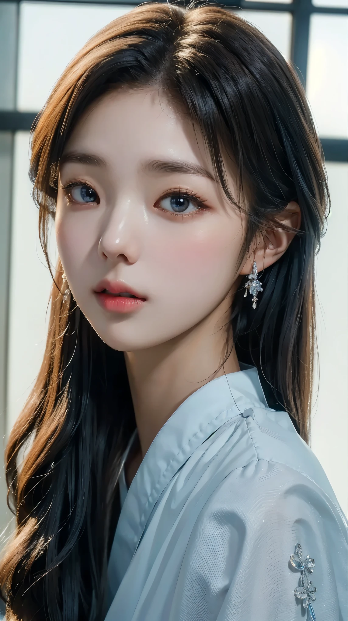 (masterpiece), ( top notch ), ( High Quality Details), (illustration), (1 woman),  look at the viewer and focus on the , (Interview),  beautiful and detailed eyes ,  delicate and beautiful face , Floating , (High saturation), (shining),  blue sky, Bright and beautiful face,  skin is young and radiant , 공정하고 shining, Best appearance , Very beautiful,  big eyes shine with clear sky blue light,  beautiful and amazing beautiful girl ,