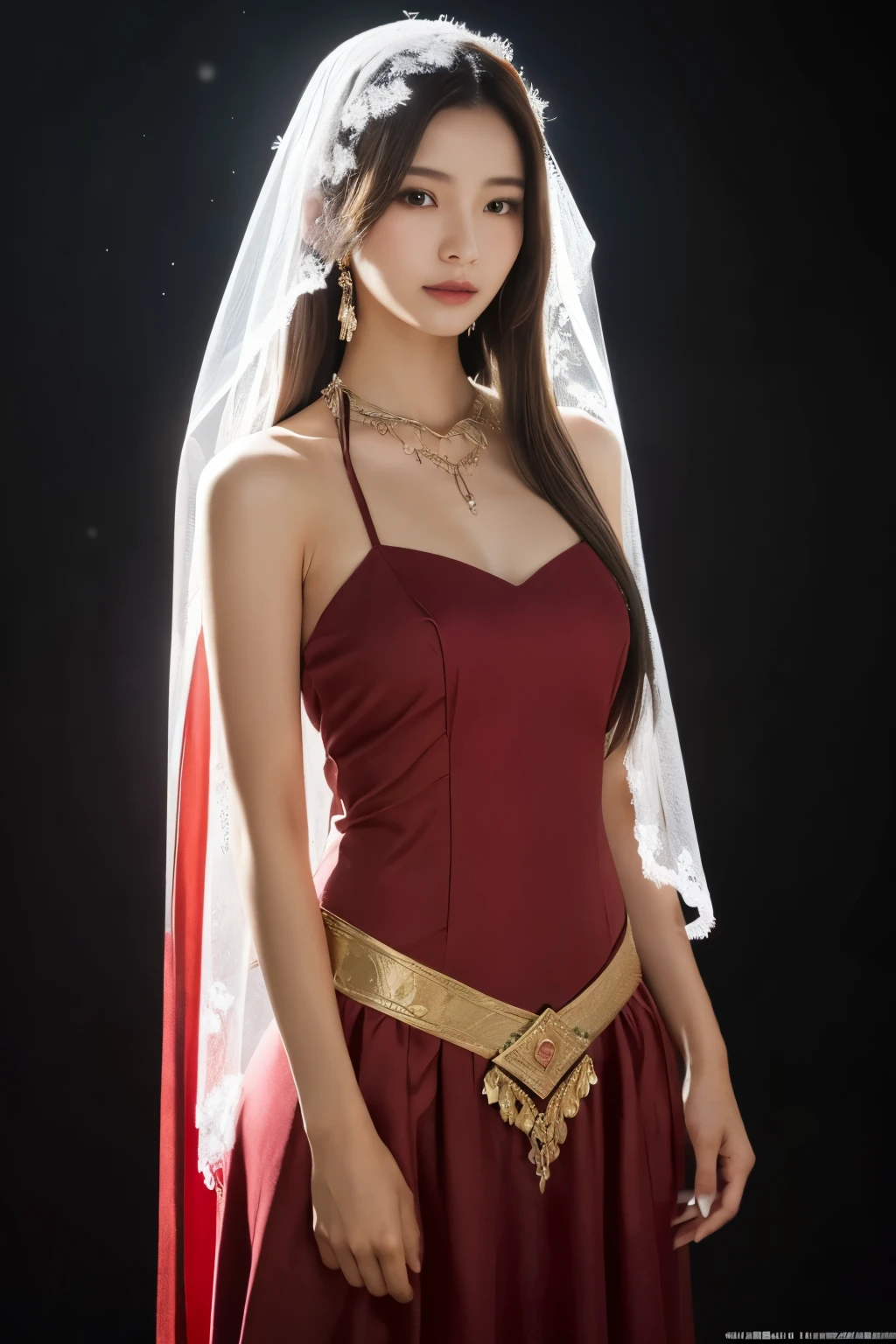  1 girl, (Wearing a red Arabian Nights style costume :1.2), (Veil),  portrait of a very beautiful Japanese idol, 
( RAW photo,  best quality), (Realistic, Realistic:1.4), (masterpiece), 
 Very Delicate and Beautiful,  very detailed, 2k wallpaper,  amazing, finely,  very detailed CG Unity 8K wallpaper,  very detailed,  Hi-Res, Soft light, 
 A girl with beautiful details ,  very detailed目と顔, Beautiful and sophisticated nose,  beautiful beautiful eyes,  Movie Lighting, 
(***のwhole bodyのシルエット:1.3), ((A thin layer of snow piled up)Standing in the desert at night :1.3), (Big Moon), (Dunes and snowfields ), (whole body), (Transmits light), (Dark screen:1.5), 
Perfect Anatomy , Slender body,  small breasts