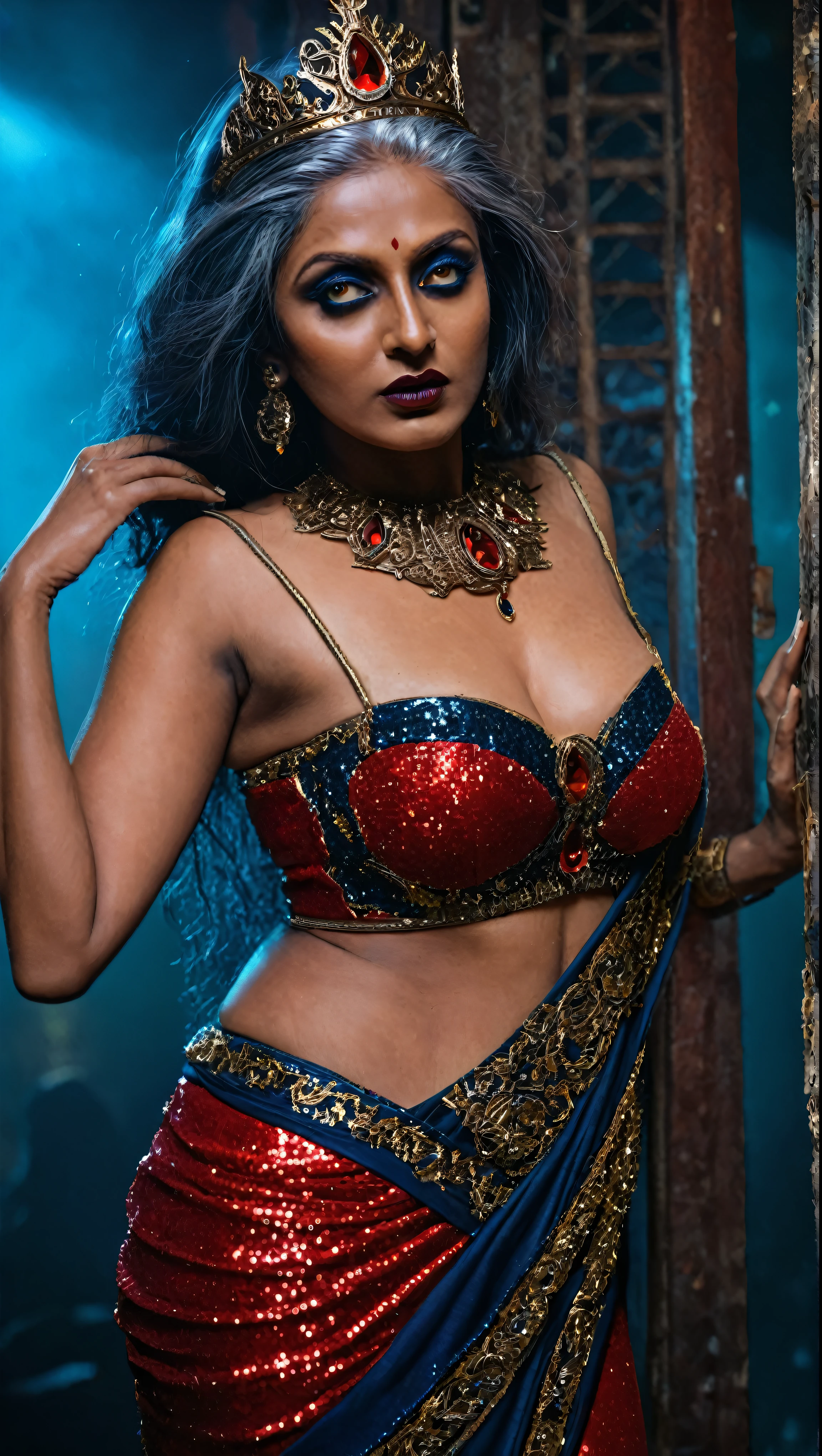 Looks like Aindrita Ray, full body Closeup shot, Big chubby aunty, milf, cougar lady witch, busty huge breast, slightly grey hair, horny Gothic milf,  70 years old gorgeous mature lady, pervert demoness, demoness of lust, curvy, black lips, horny face, extremely gorgeous, thick figure, heavy physique, voluptuous, curvy, sexy figure, Fashionable portrait of androgynous alien looking witch,  glowing eyes, futuristic design, minimal details, givenchy, photoreal, 200mm, hd, f/ 2.0, highly detailed, surreal, sexy beautiful evil woman, sexy bold sequin Saree with strapless Bra, chudail, Pishachini, horror genre, blood-thirsty enchantress, powerful female spirit, eerie, drop dead, in the style of red and blue, (intricate details, hyperdetailed:1.15) (skin texture:1.2), dark Moody tone, cinematic lighting, haunted place in background, photorealistic,photo,realism, Getty Images, RAW candid cinema, 16mm, colour graded portra 400 film, remarkable colour, ultra realistic, textured skin, remarkable detailed pupils, realistic dull skin noise, visible skin detail, skin fuzz, dry skin, visible skin details and pores 