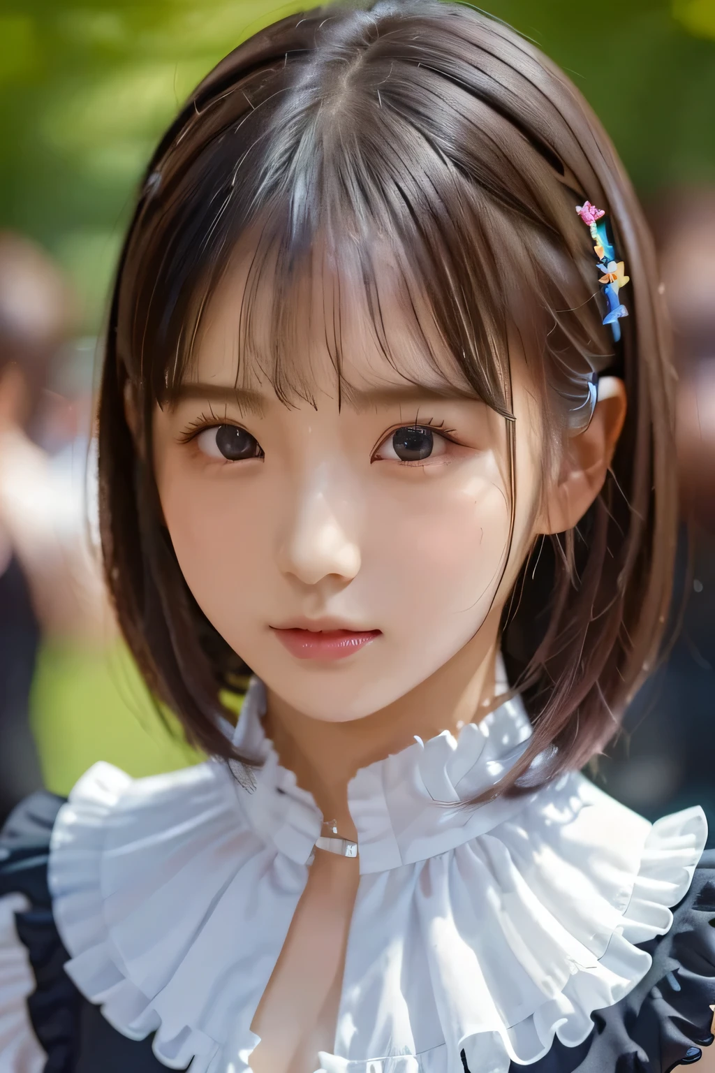 (Foreground and background emphasis composition)、(Low Contrast:1.3)、(masterpiece、 best quality、 Super detailed description、 ultra high resolution)、(Face Shot:1.3)、 girl、solo、slim、 slender、cute、 idol face、colorful idol costume with ruffles、stage、(cuteパンク:1.2)