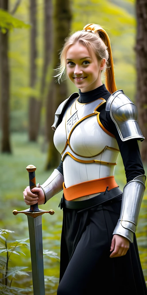 A woman wearing tight black clothing, white armor with orange details, blonde hair, ponytail hair, blue eyes, smiling, holding a medieval sword, walking in a fantasy forest, full body, stereogram, tachi-e, point of view, atmospheric perspective, 8k, super detail, accurate, best quality, award-winning, textured skin, high resolution, anatomically correct, bokeh effect, ((woman solo)