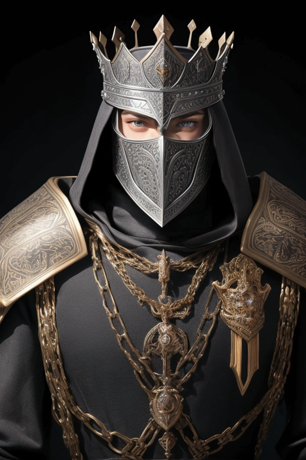  Tall handsome man , height 190, without masks, Renaissance armor, he covers only the top of his face in matte black ,  of the Knight King's artful ceremonial armor , with fine filigree carvings. Square face shape with a pronounced jaw line, masculinity.  Facial features are crisp ,  fabrics and the look is confident . A blond man with blue eyes , 37 years old. The head is wearing a dark burgundy hood. On the hood ,  on a man's head is a black steel crown.  detailed drawing . Fantasy armor .  Monogram carving , with symbols all over my armor .  The armor perfectly emphasizes his powerful figure .  The armor fits his chest,  repeating body anatomy . Add chain mail .  Elegant armor ,  follows the shape of men's muscles, not heavy , made of light alloys .  Background - Gothic-style throne room .