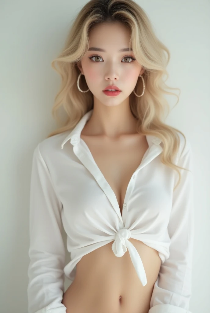 ((Best quality, 8k, Masterpiece :1.5)), Sharp focus :1.2, A pretty girl 20 years old with perfect figure :1.4, Slender abs :1.3, Raw photography、超A high resolution, full body, fair white skin、shiny white skin、(wavy blonde hair)、dark brown hair、super fine eyes, super fine hand, super fine finger、Beautiful eyes with random colors、very thin lips, finely detail、elongated eyes、pale pink blush、long eyeslashes、Beautiful double eyelid、Lighting that emphasizes beautiful skin、Lustrous skin 2, ((Layered long hair, Big breasts :1.2)), Open shirt show , (detailed ), (see throught ),  ((detailed transparent body suit )), ((detailed face )), ((detailed tight short skirt), water shower, luxury office :1.4, Highly detailed face and skin texture, Detailed eyes, Double eyelid