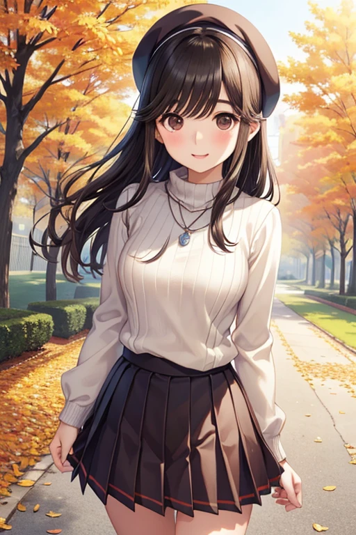 Takane Manaka、 Shiny brown long hair、, beautiful brown eyed middle school students 、smile、Sparkling Eyes, (fine grain)、 lights 、 extremely detailed face,  lights , masterpiece,  best quality,  Hi-Res, ( best quality,masterpiece:1.2),Alone,Alone、 cowboy shots、



One woman standing,  mature woman , /(Ribbed sweater/) /( Red Pleated Skirt /) beret necklace , /( brown hair/) bangs, 赤面した優しいsmile, (名作  best quality:1.2)  Delicate Illustration Super Detailed ,  Lower your arms BREAK /(Outdoors in the park/) Brick Road, Autumn leaves on a tree々,  detailed background 