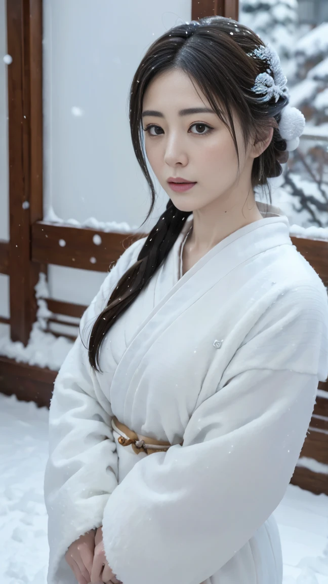 (8k, best quality, masterpiece, ultra highres:1.2) Photo of Pretty Japanese woman in the (style of paul rubens and rebecca guay:1.1) (melancholy winter snow:1.4)