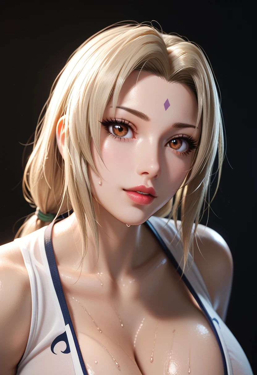 Nyl2 style, tsunade, perfect face, perfect lighting, sexy lips, sexy female, thicc، cleavage, huge breasts, large breasts, sweat, high quality skin texture, huge round ass, high close shot of skin, skin pores, hair follicles, very close up shot dark room, structured face, slut expression 