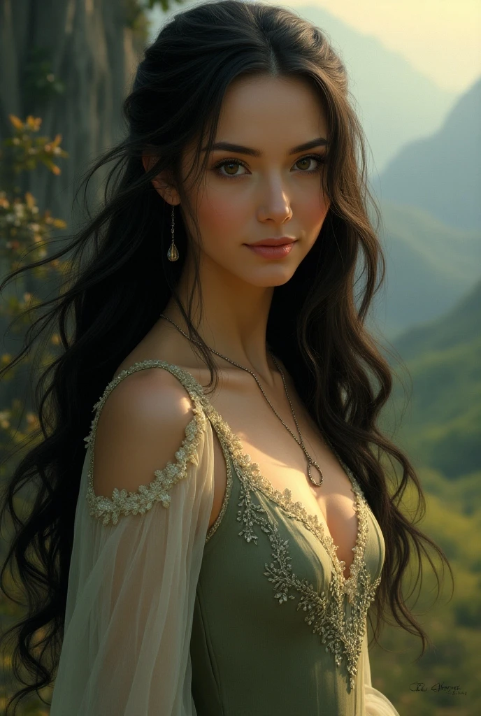((high resolution)), pale skin, freckled, brunette 13 year old girl, ((small breasts)), long curly hair, as a fantasy priestess, sun shining behind head