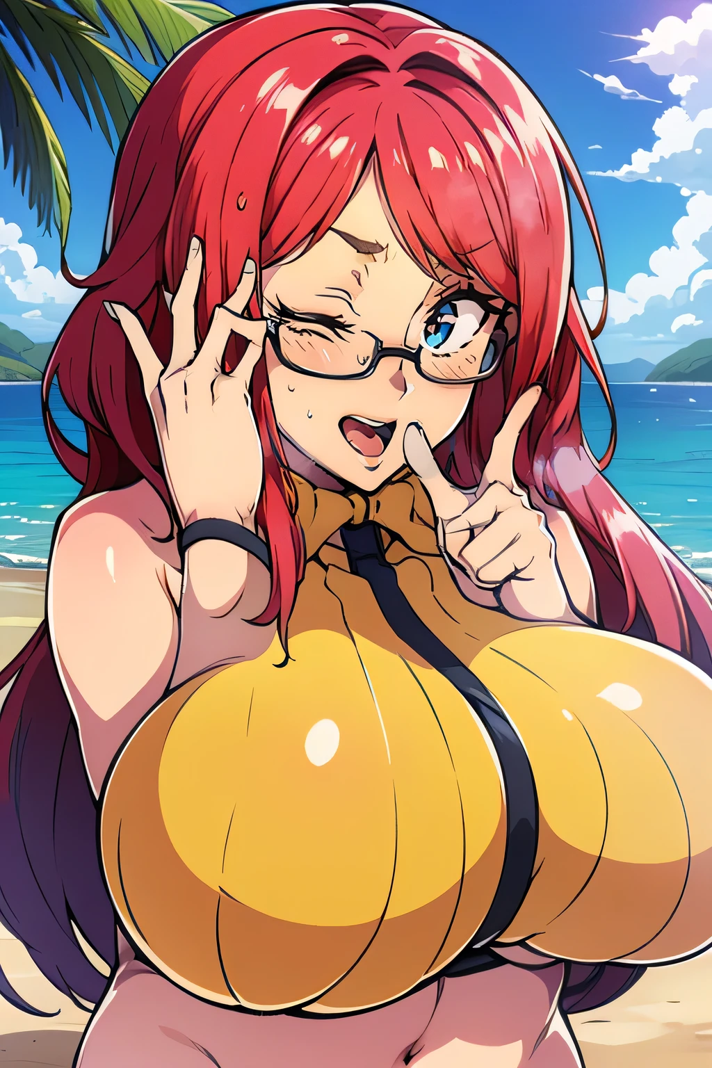 NSFW,,(hightquality、high-level image quality、masutepiece、4K,8K:1.1),Best Quality, High resolution, 1girl in,(Phyllis syrup,eye glass、One nipple,Long hair,Hair Band:1),(Oppai challenge,flashing:1.4)、(,Huge breasts:1.4),Put your hands on your chest, Black Bikini, (the beach:1.3), (;D,Finger to mouth, show off nipple,blush:1.4),