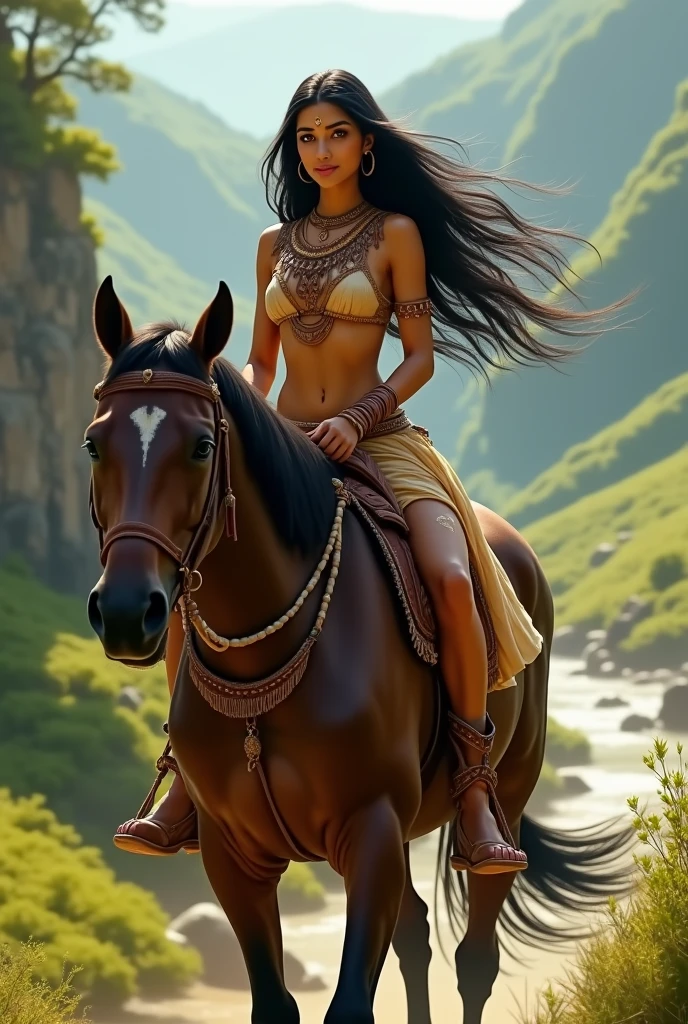 Young tantric priestess with tattoos and percings petting a horse on an ultra-detailed photorealistic mountain --auto