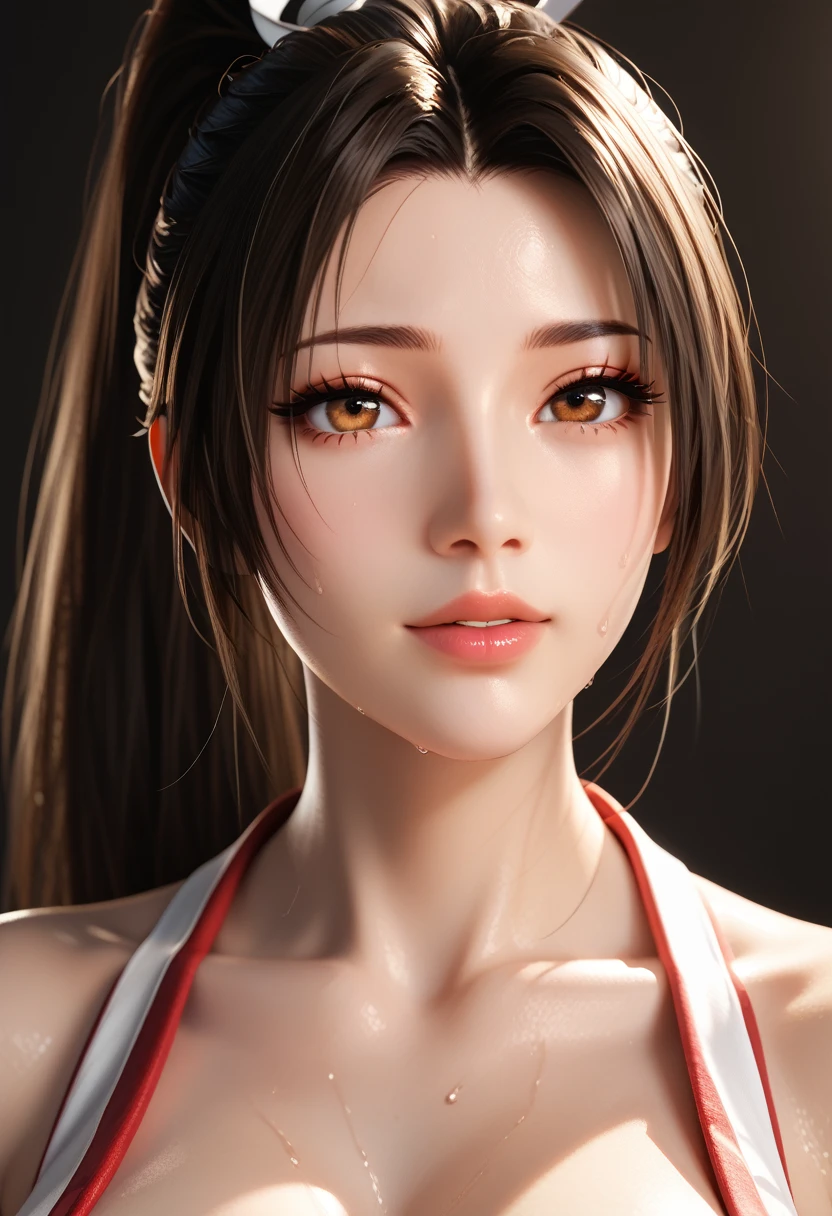 Nyl2 style, mai shiranui, perfect face, perfect lighting, sexy lips, sexy female, thicc، cleavage, huge breasts, large breasts, sweat, high quality skin texture, huge round ass, high close shot of skin, skin pores, hair follicles, very close up shot dark room, structured face, mature female