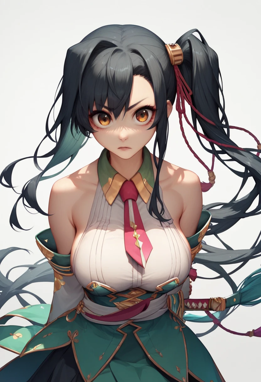 Kanu aisha_koihime _music　 side ponytail　Big Eyes　 black hair　Big Breasts　Guan Yu　Holding the Blue Dragon Engetsu Sword in both hands　background:Chinatown