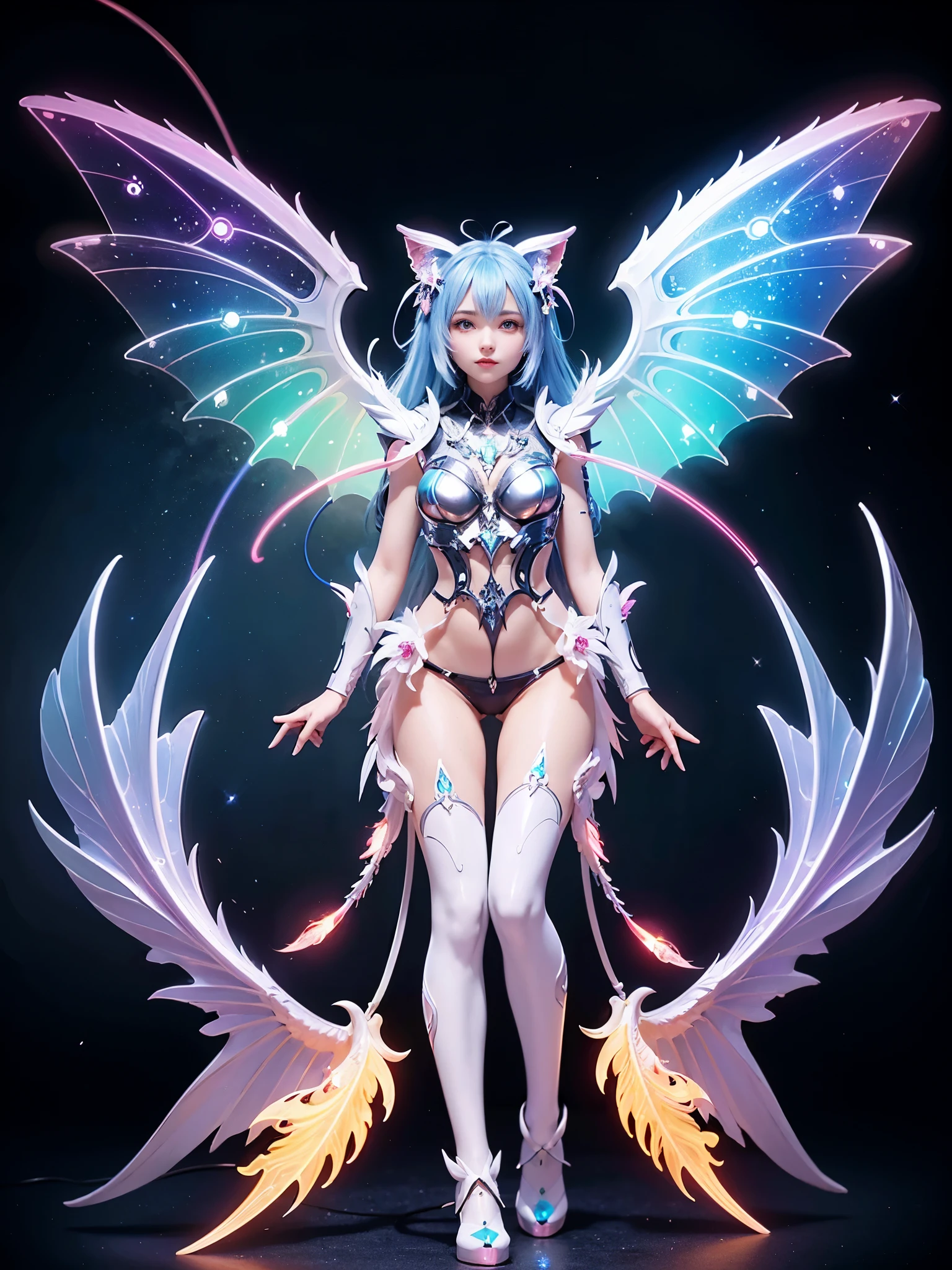 1girl, Armor, Wings, beautiful dragon, futuristic evolved Nekomata, (Neon glowing body), 2 tails, holographic, (The wings are symmetrically paired;1.5), Long shot,
