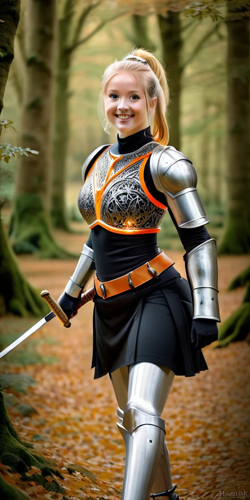 A woman wearing tight black clothing, white armor with orange details, blonde hair, ponytail hair, blue eyes, smiling, holding a medieval sword, walking in a fantasy forest, full body, stereogram, tachi-e, point of view, atmospheric perspective, 8k, super detail, accurate, best quality, award-winning, textured skin, high resolution, anatomically correct, bokeh effect, ((woman solo)