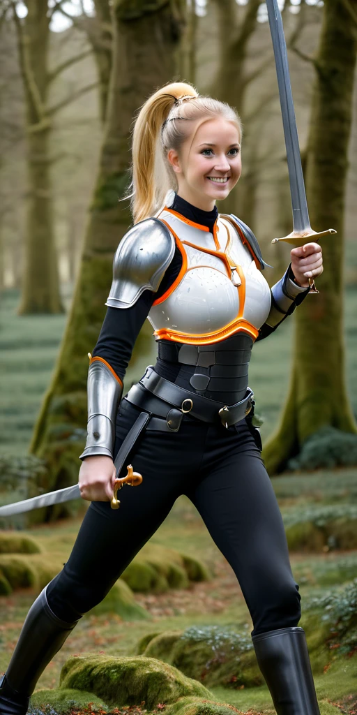 A woman wearing tight black clothing, white armor with orange details, blonde hair, ponytail hair, blue eyes, smiling, holding a medieval sword, walking in a fantasy forest, full body, stereogram, tachi-e, point of view, atmospheric perspective, 8k, super detail, accurate, best quality, award-winning, textured skin, high resolution, anatomically correct, bokeh effect, ((woman solo)