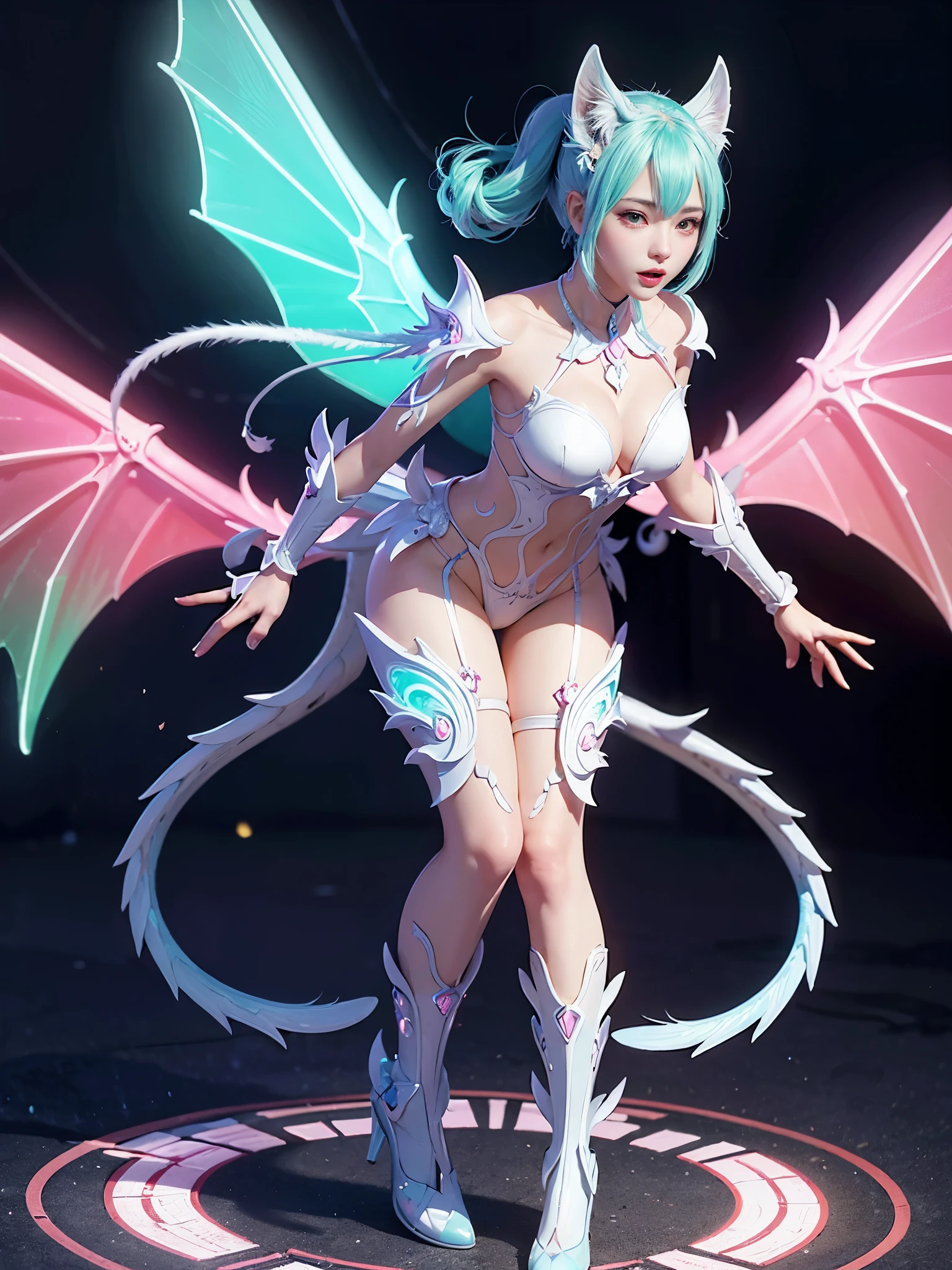 1girl, Armor, Wings, beautiful dragon, futuristic evolved Nekomata, (Neon glowing body), 2 tails, holographic, (The wings are symmetrically paired;1.5), Long shot,
