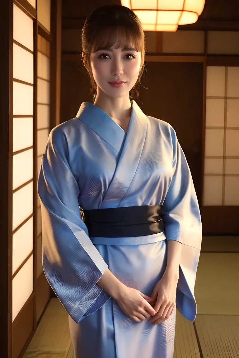 face is :9,3492120809], Naive 33-year-old wife、Sit on the floor、Disturbing the yukata、Height 156 cm, slightly chubby figure、((Japan in a yukata))、Yukata at Japan Ryokan、Shoulder out、鎖骨、Japanese Models, Short Layer Hair、A smile、Smile、japanaese girl, bath robe、Neat and clean Japan woman, goddess of Japan, Innocence、Raw photo, (in 8K、top-quality、​masterpiece:1.2)、(intricate detailes:1.4)、(Photorealsitic:1.4)、octane renderings、Complex 3D rendering ultra detail, Studio Soft Light, Rim Lights, vibrant detail, super detailing, realistic skin textures, Detail Face, Beautiful detail eyes, Very detailed CG Unity 16k wallpaper, make - up, (detailedbackground:1.2),　shinny skin、
