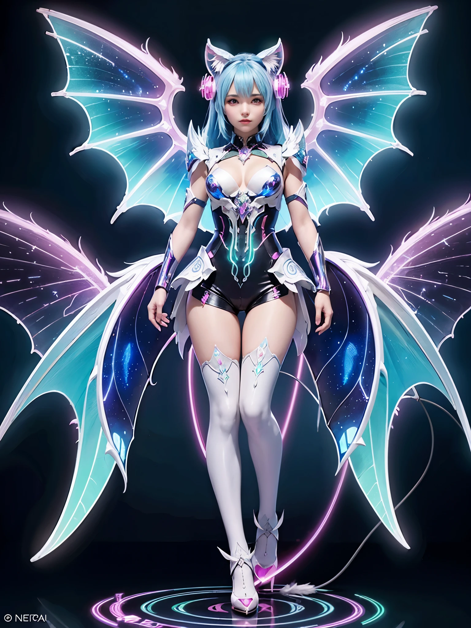 1girl, Armor, Wings, beautiful dragon, futuristic evolved Nekomata, (Neon glowing body), 2 tails, holographic, (The wings are symmetrically paired;1.5), Long shot,
