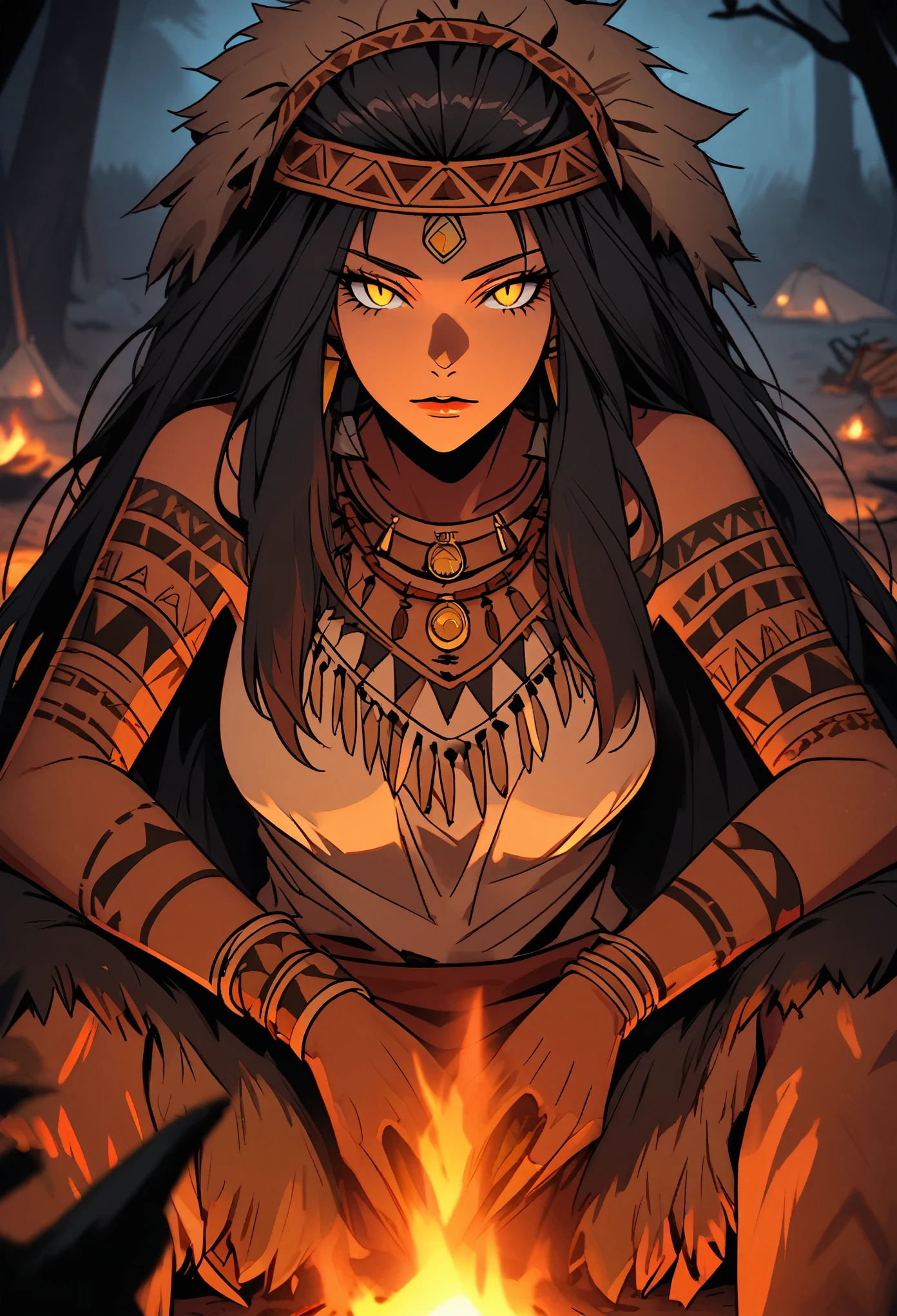 solo, lion woman, elderly, very tall, broad shoulders, fit, bulky body, extremely long hair, cavewoman, prehistoric, large beast claws, camp, night, bonfire, close up, slit pupils, yellow eyes, barbarian, pelt clothes, tribal chief, spiritual, leather, tribal ornaments, black hair, sitting, relaxed, pov, 