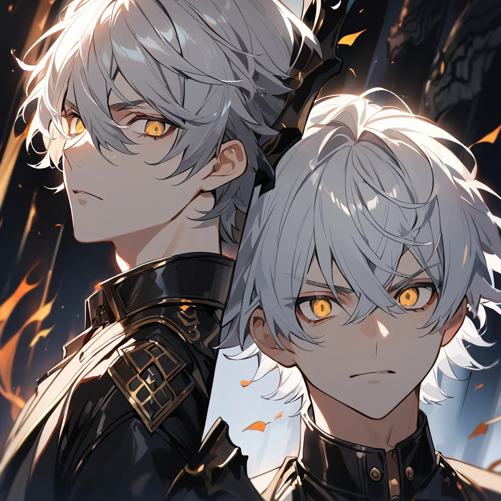 ((((((Gloomy ATMOSPHERE)))))),((males)), ((chad faace))two 16 year old male friends face each other, extremely muscular, one with short black hair and the other with blonde hair, laughing shirtless in a training camp in an open place, sun smiling, sword in hands, purple eyes