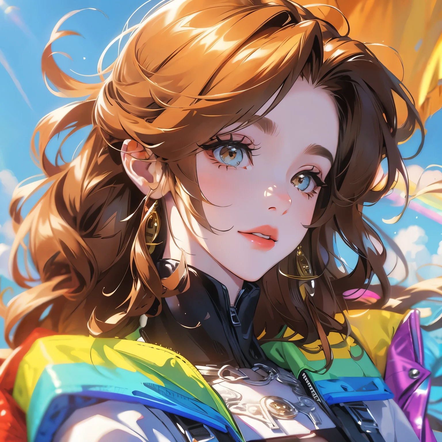  portrait, long eyeliner, sunny, windy day, rainbow outfit