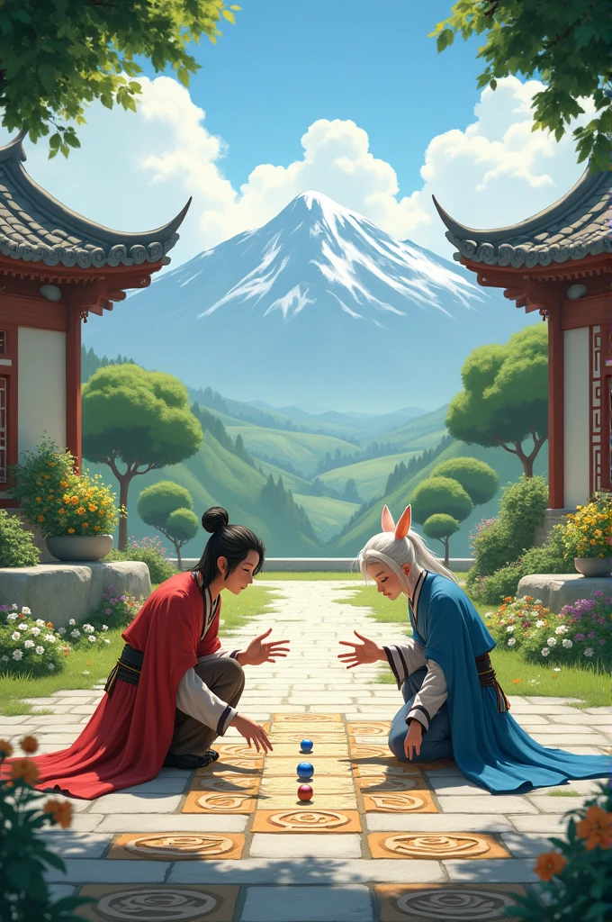 black dragons and two chinese men's were playing mahjong board, they all sat in the middle of the village on the grass