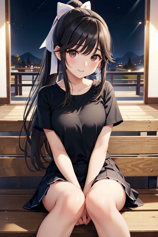 Takane Manaka、 Shiny brown long hair、Ribbon ponytail, beautiful brown eyed middle school students 、smile、Sparkling Eyes, (fine grain)、 lights 、 extremely detailed face,  lights , masterpiece,  best quality,  Hi-Res, ( best quality,masterpiece:1.2),Alone,Alone、 cowboy shots、

1 female, so beautiful,Sit sideways, Look Away,  bend your knees ,首を両手で押さえる,Grass Hill,   knight , Beautiful Moon, ,Half-body photo, face,  beautiful eyes ,  extremely detailed face,   high quality face to hold your neck with both hands ,  perfect face,Black T-shirt, black mini skirt,, masterpiece,4K