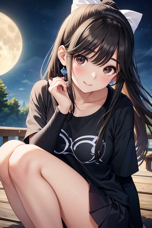 Takane Manaka、 Shiny brown long hair、Ribbon ponytail, beautiful brown eyed middle school students 、smile、Sparkling Eyes, (fine grain)、 lights 、 extremely detailed face,  lights , masterpiece,  best quality,  Hi-Res, ( best quality,masterpiece:1.2),Alone,Alone、 cowboy shots、

1 female, so beautiful,Sit sideways, Look Away,  bend your knees ,首を両手で押さえる,Grass Hill,   knight , Beautiful Moon, ,Half-body photo, face,  beautiful eyes ,  extremely detailed face,   high quality face to hold your neck with both hands ,  perfect face,Black T-shirt, black mini skirt,, masterpiece,4K