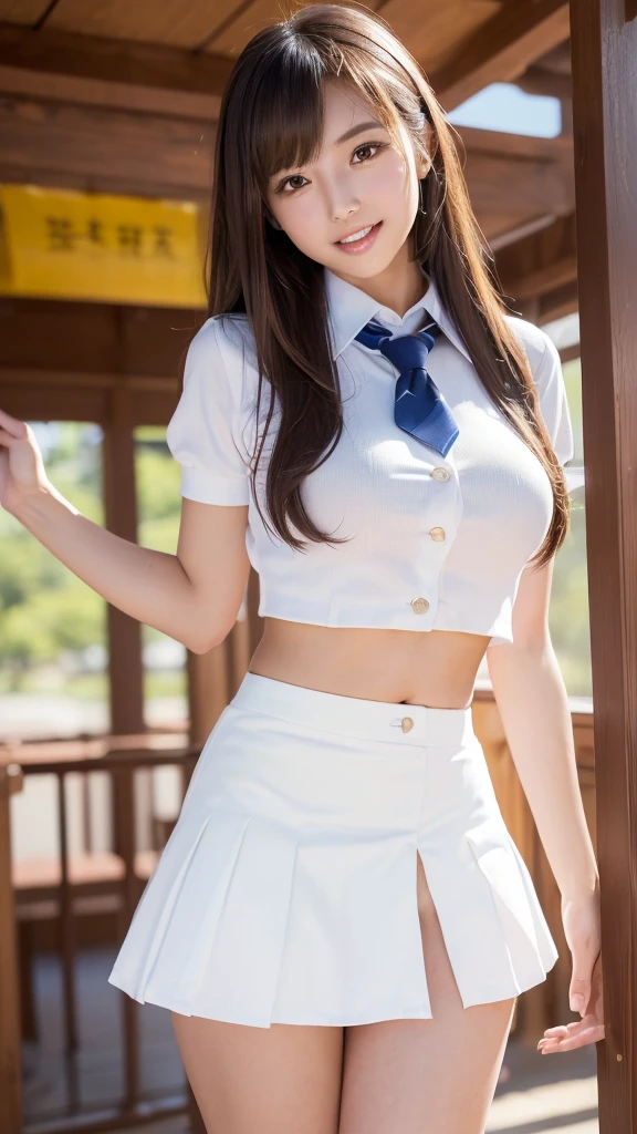 Beautiful young female student wearing uniform, Detailed face and anatomy, ( best quality,4K,8k, Hi-Res,masterpiece:1.2),Super detailed,(Realistic,photoRealistic,photo-Realistic:1.37),((Cowgirl Pose:1.3),( focus on thighs:1.5)), excellent anatomy, Beautiful woman, Sexy Sculpture Idol ,(6. 5 head proportions ), Positive expression ,  Little Smiles ,  high school girl, ((White school girl uniform:1.5),(tie),(blazers),((   very short white micro mini skirt  :1.5)),( skirt flip:1.5),( white panties :1.5),((  very delicate and beautiful)), (( school classroom background )),  brown hair, Long Hair, bangs,  very pretty face , Cute type, baby face,  big natural colored lips ,  big beautiful eyes ,  Brown Eyes , Obvious double eyelids,  Small, Cute Nose , Eye Enhancement, Reddish pink lips,  tilting your head ,  Best Lighting ,  best shading , Mysterious,  perfect face,  several people having fun with each other while having very detailed , Mayoco , ( skin texture,  is sweating:1.2),  anatomically accurate , Beautiful legs:1.3, Plump thighs, Voluptuous figure,  big breasts at the temple, ( teeth、 emphasizes the roundness and softness of the bust.........1),  beautiful body, (Perfect Woman),( spreading legs ), ( provocative and dynamic poses)