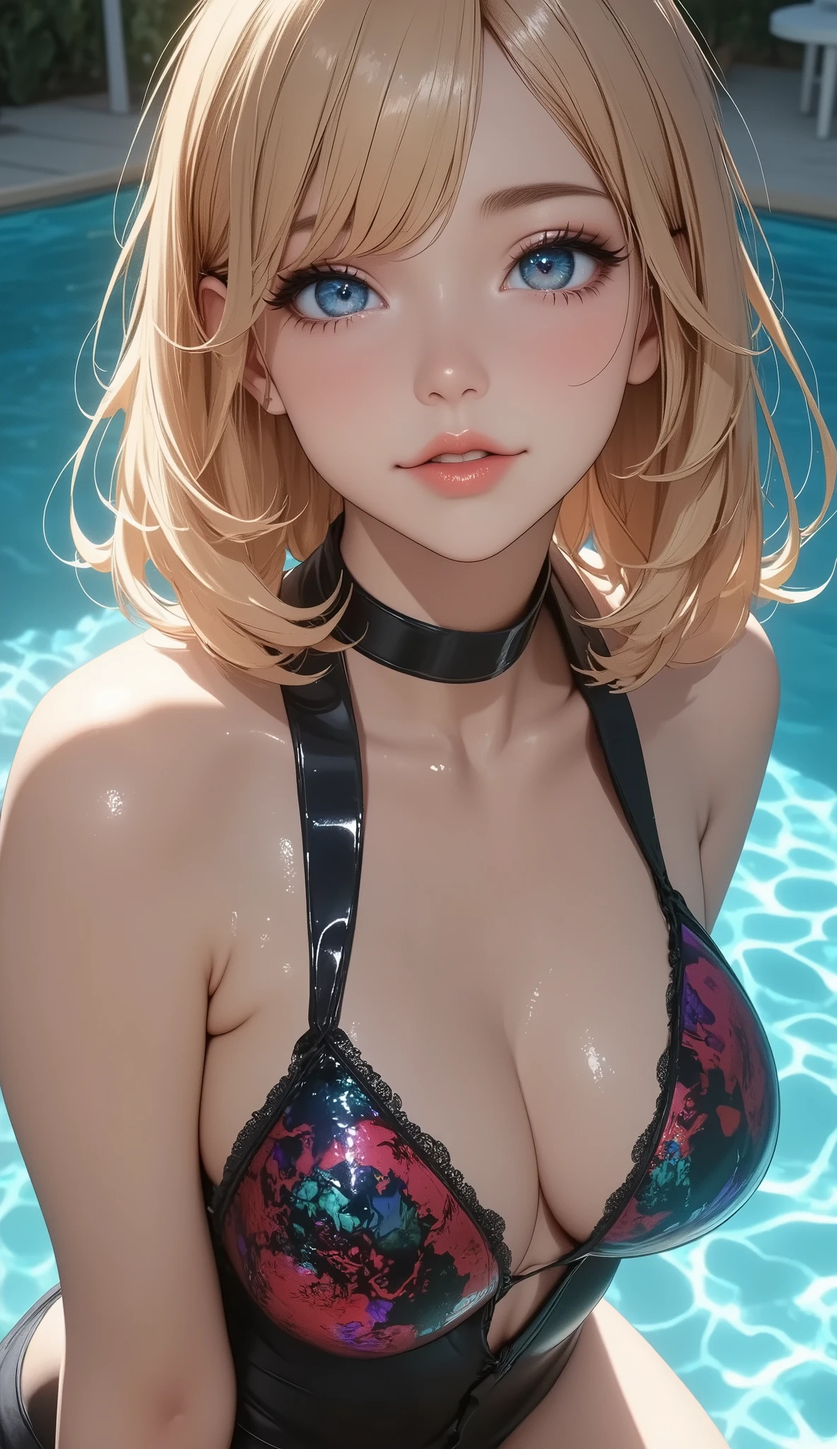 A young woman in an attractive high leg swimsuit, (( blue eyes,  golden hair , bangs, whole body,  hair between eyes, Bob Hair, Short Hair)),  beautiful detailed eyes ,  beautiful detailed lips ,  extremely detailed face,  long eyelashes , smile:1.2,  Slim Body ,  pool background around the waist, Graceful pose,  from above , Clear water, Sunlight reflecting on the water,  bright color ,  photorealistic , 8k,  best quality, masterpiece