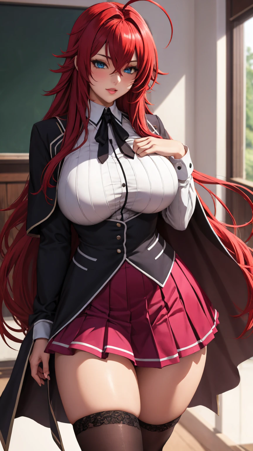 ANIME_DxD_Rias_Gremory_ownwaifu, 1girl, bangs, long hair, red hair, strong breasts, big breasts, rias gremory, blue eyes, hair between eyes, very long hair, collarbone, hair shots, hair over breasts, black cape, black corset, collared shirt, kuoh academy school uniform, layered skirt, underbust, school uniform, skirt, shirt, long sleeves, purple skirt, ribbon, miniskirt, neckband, thigh highs, ribbon black, big thighs,