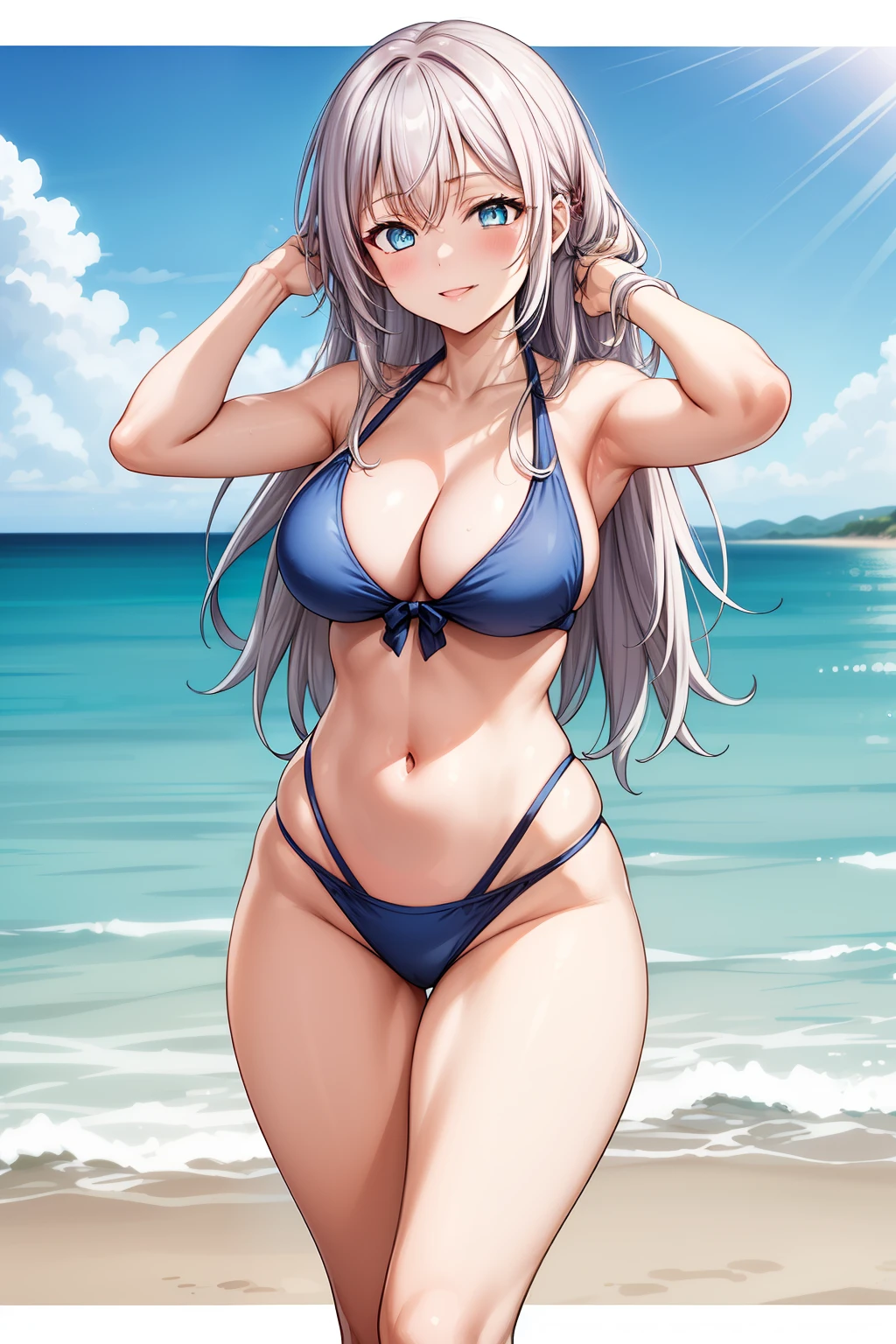 "(dawn:1.7), a captivating anime girl, Alisa Kujou, with (22 years:1.1), (beautiful character design:1.4). She has (long white hair:1.4) flowing elegantly and striking (blue eyes:1.5) that shine softly in the morning light. She is wearing a stylish bikini that enhances her (slim thighs:1.2) and (narrow waist:1.3), showcasing her athletic and graceful figure in a natural and seductive manner.

Alisa stands confidently on the beach, one hand resting on her hip and the other casually brushing through her hair, accentuating her (elegant curves:1.2) and toned physique. Her pose is relaxed yet alluring, with a gentle smile on her lips and a slight blush adding a hint of timidity, giving her an approachable and charming presence.

The background features a serene beach at dawn, with the soft golden light casting a warm glow over the scene. The ocean waves softly crash in the distance, with subtle (bokeh effects:1.2) in the background to keep the focus on her. The lighting is warm, enhancing the contours of her figure and adding depth to her silhouette, with a delicate (film grain:1.1) effect for texture. The scene is rendered in ultra-high definition, ensuring every detail is captured."