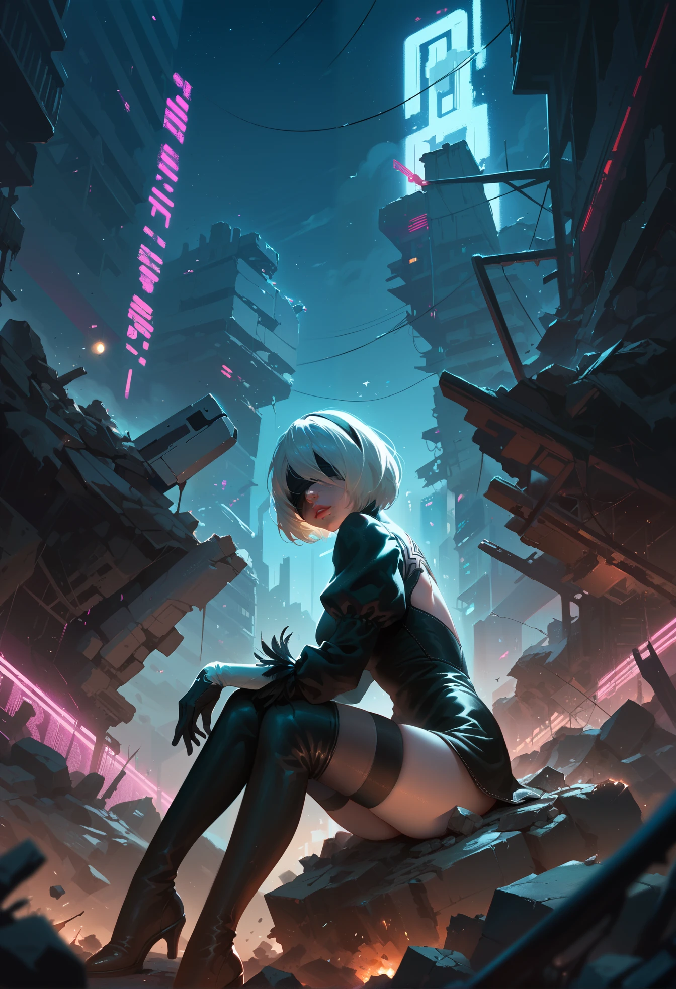 2B, nier automata, blindfold, futuristic destroyed city background, colorful neon lights, sitting ona pile of rubble, stoic, night time, beautiful lighting,