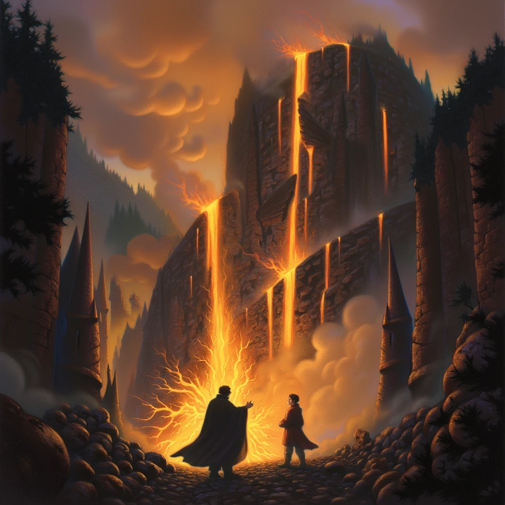 mrygp, Frodo and Sam stand at the base of Mount Doom, looking up at the towering, fiery mountain before them. Frodo clutches the One Ring, his expression tense, while Sam stands by his side, ready to support him. Thick smoke and glowing lava streams flow down the mountainside, creating an intense and foreboding atmosphere as they prepare for the final step of their journey.