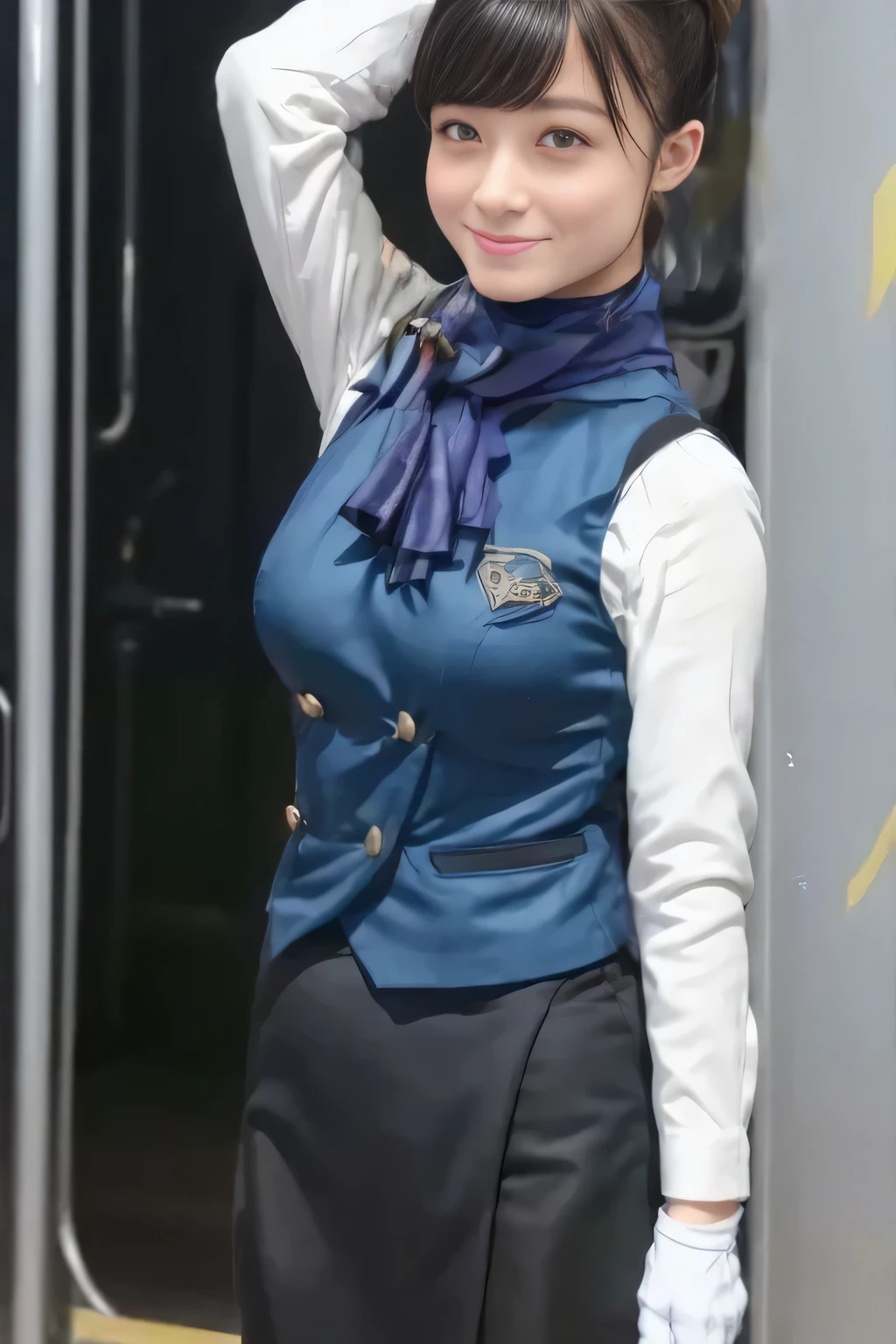 (masterpiece:1.2, Best Quality:1.2), 32kHDR,  kampala, (Alone、  1 girl)、（What is 、 Professional Lighting）、In-flight background、（Nankai Train crew uniformを着たリアルなスタイル）、（（  Nankai Train Crew Uniform Collarless Blouse Long Sleeve 、 Black Curled Culottes Skirt 、Scarf around the neck））、 Dark brown hair 、（ Long Hair、Hair tied up、Hair tied up）、 Dark brown hair 、 Long Hit 、Big Breasts、Thin legs、（（Great hands：2.0）），（（  Harmonious Body Proportions ：1.5）），（（Normal limbs：2.0）），（（Usually refers to：2.0）），（（ DELICATE EYES FULL OF DECISION：2.0）），（（Normal eyes：2.0））)、smile、（Nankai Train crew uniformを着た美しい姿）、Cross your hands underneath
