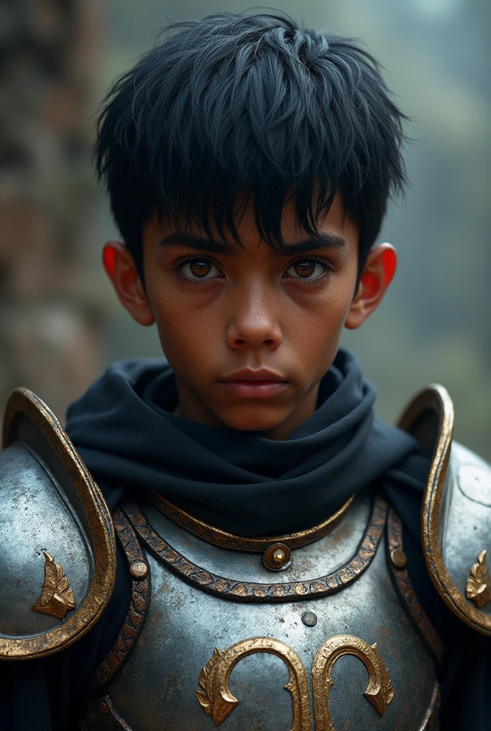 a young boy hybrid with black hair and shadowy eyes, rustic armor, flaming sword