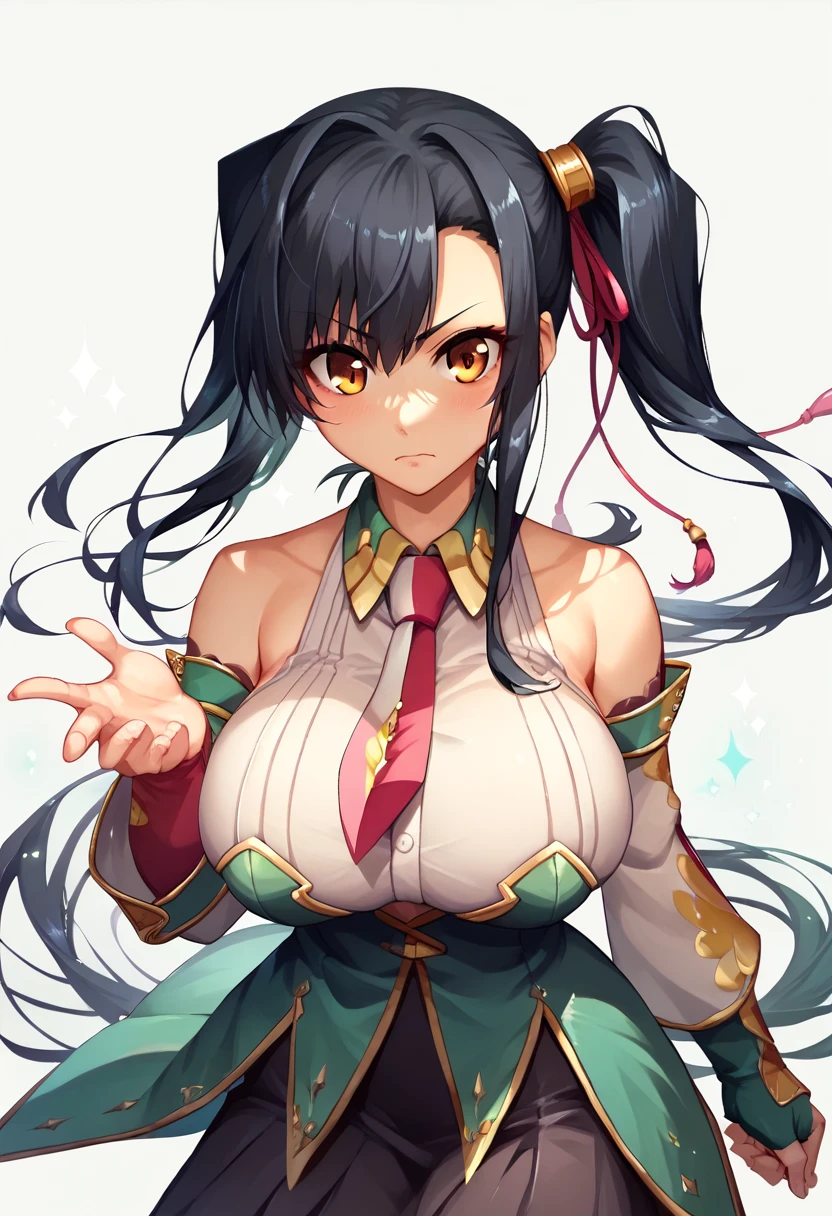 Kanu aisha_koihime _music　 side ponytail　Big Eyes　 black hair　Big Breasts　Guan Yu　Holding the Blue Dragon Engetsu Sword in both hands　background:Chinatown