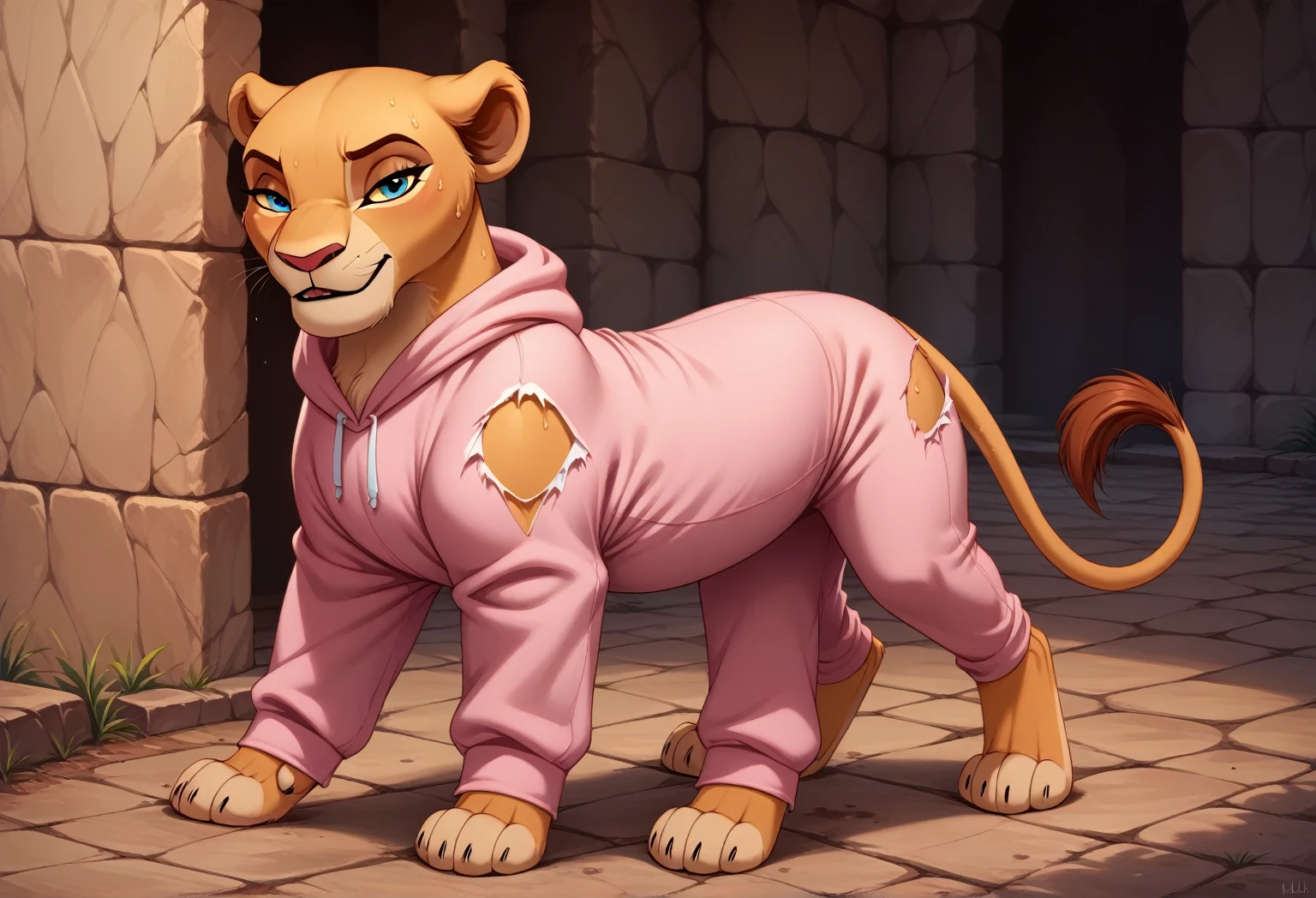 score_9, score_8_up, score_7_up, score_6_up, rating_safe, source_furry, disney, lioness,female, (nala), standing, solo, feral, (4 toes), weak paw, blue eyes, (lidded eyes:1.0), (smile:0.3),, playful, looking at viewer, (dewclaw:0.5),torn pink onesie(bunny-onesie),sweaty,becoming giant,very tight outfit,torn outfit,