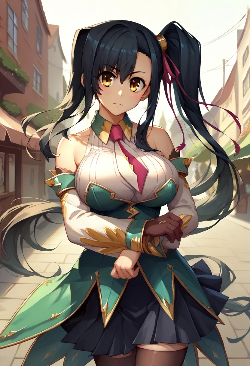 Kanu aisha_koihime _music　 side ponytail　Big Eyes　 black hair　Big Breasts　Guan Yu　Holding the Blue Dragon Engetsu Sword in both hands　background:Shopping Street