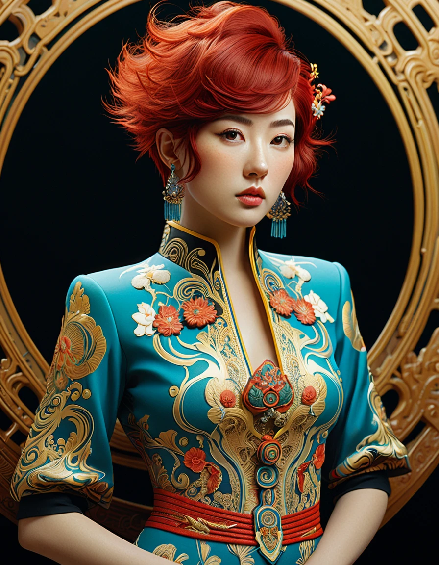 candid pose shorthair redhead punk woman, octane render, unreal engine, Neo-traditional Japanese, full body, beautiful woman Studio Ghibli style, a stunningly detailed fluid gouache painting by Peter Mohrbacher, Yuko Shimizu, james, jean, incorporating ink flow, acrylic, Chinese ink, and color art,  cryptidcore, ancient greek iconography, colorful surrealism, maximalist textures, fractal-like details", "By Bella Kotak, Irakli Nadar, 
