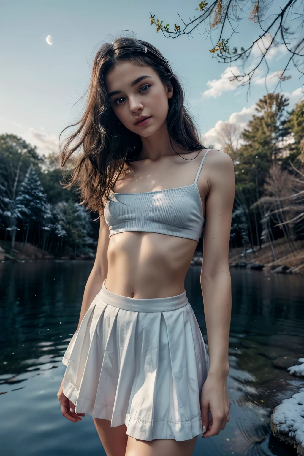 ((Masterpiece)), ((extremely detailed)), ((ultra high resolution)), RAW photo, realistic, UHD, absurdres, best quality, beautiful face, intricate details, shadow details, night lighting, posing on a lake, the moon high up, moonlight, 1 girl, age 14, dancing, pale skin, short hair, neck long hair, bluish black hair, blue headband, perfect eyes, blue eyes, perfect body, big breasts, medium butt, tiny waist, fit body, plain abdomen, toned legs, brown bodice with a brief low cut neckline, both white collar and short puffy sleeves, and lavender ragged skirt with a cavity that briefly shows her leg, in a snowy forest as background, snow covering the leaves of the trees, winter,