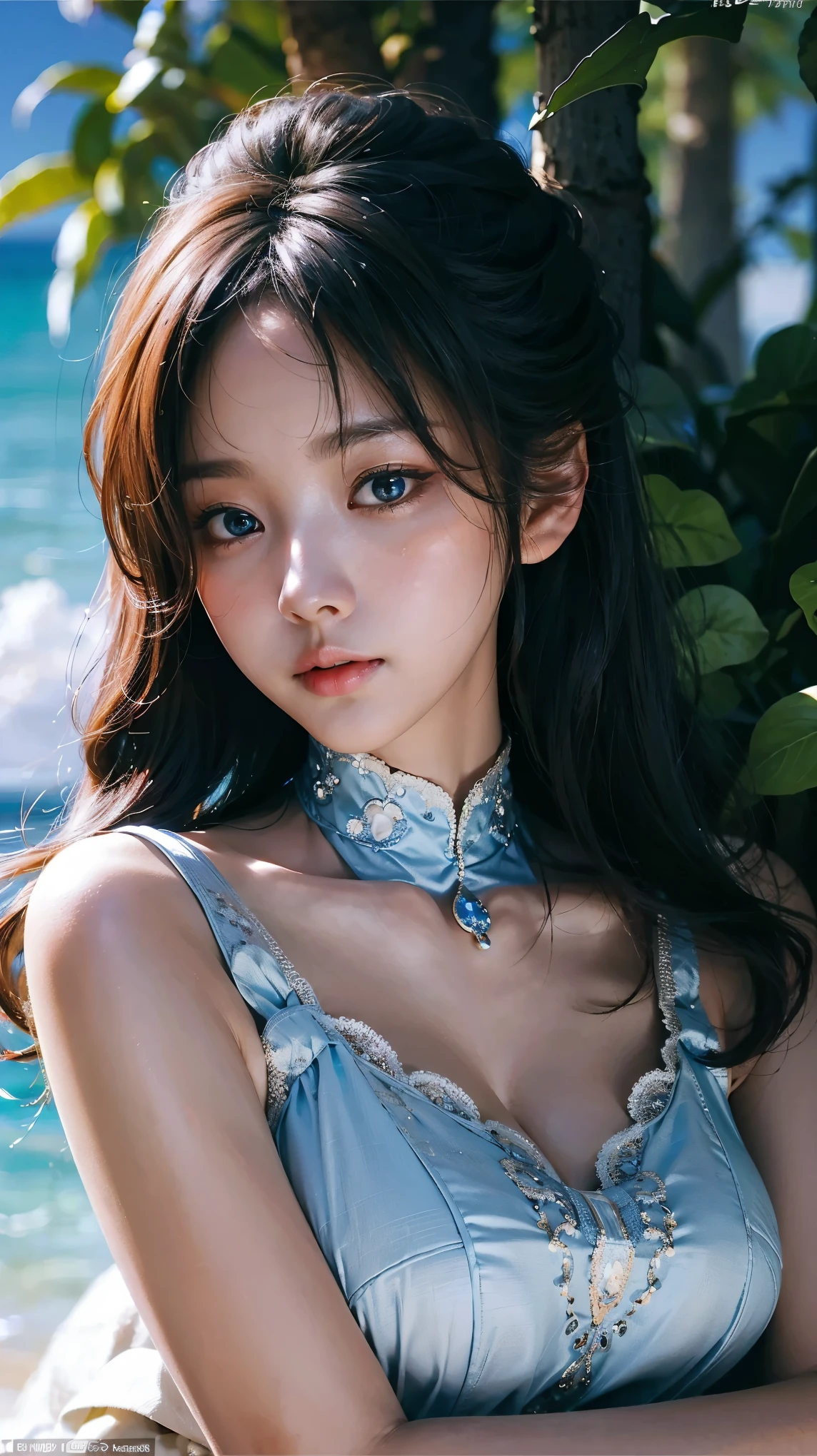 (masterpiece), ( top notch ), ( High Quality Details), (illustration), (1 woman),  look at the viewer and focus on the , (Interview),  beautiful and detailed eyes ,  delicate and beautiful face , Floating , (High saturation), (shining),  blue sky, Bright and beautiful face,  skin is young and radiant , 공정하고 shining, Best appearance , Very beautiful,  big eyes shine with clear sky blue light,  beautiful and amazing beautiful girl ,